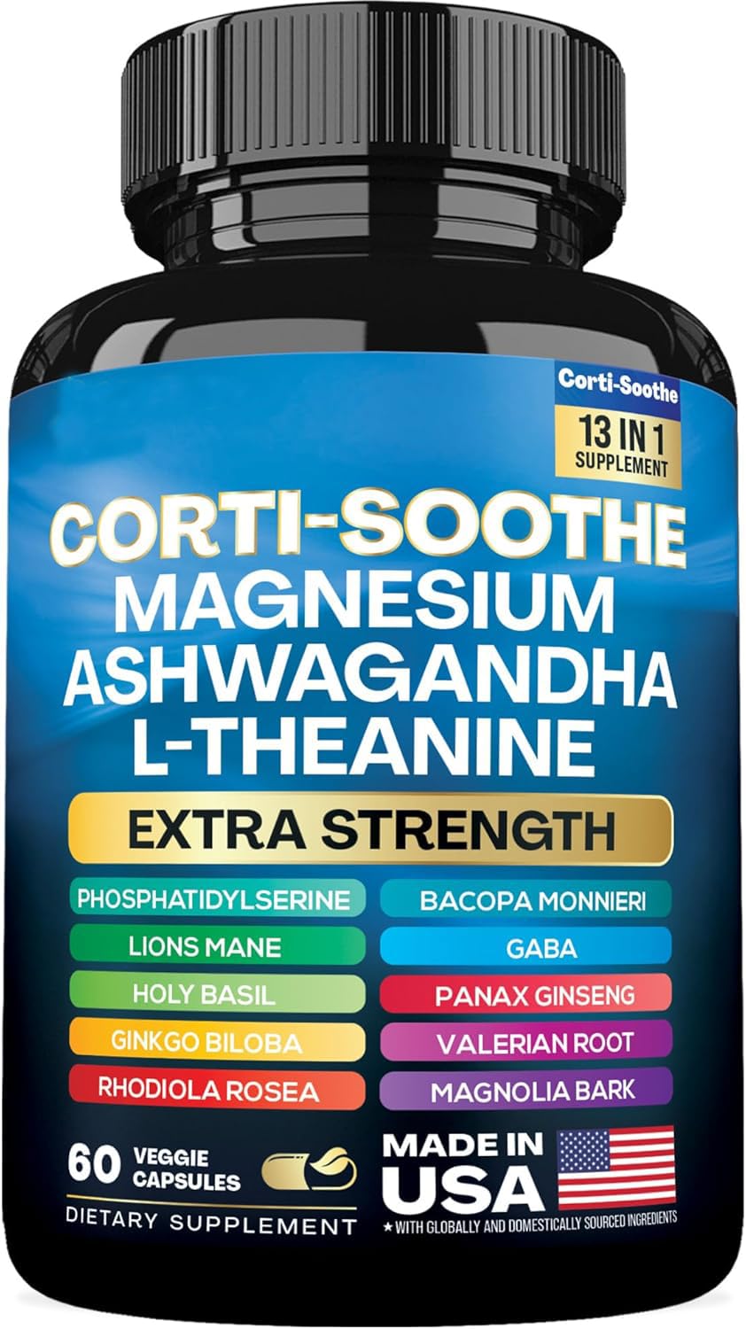 Suplemento Corti-Soothe Cortisol con Magnesio Glicinato 200mg, L-Teanina 150mg, Ashwagandha 150mg, Fosfatidilserina, Manejo de Cortisol, Melena de León, Ginkgo Biloba, Bacopa Monnieri, Raíz de Valeriana (60 Cápsulas)