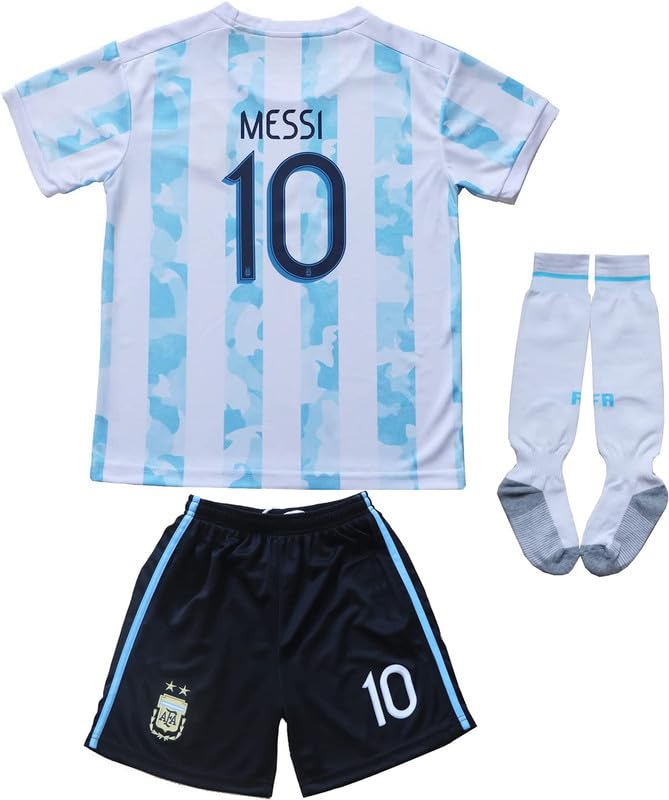 Argentina #10 Leo Kids Soccer Kit 2021 - Jersey, Shorts, Socks Gift Set (White/Blue, Age 2-3)