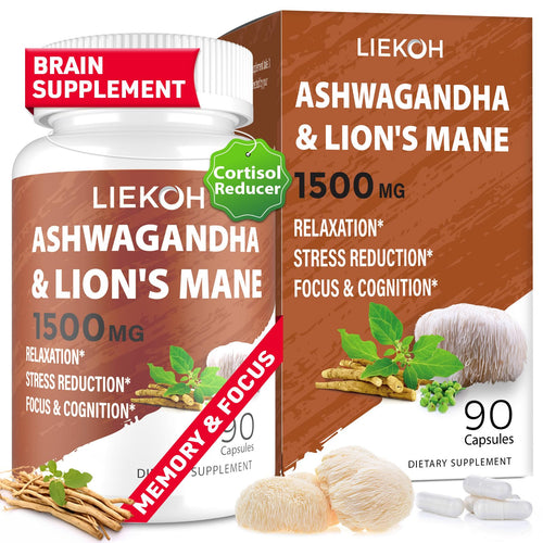 Cápsulas Suplemento de Ashwagandha y Melena de León, Suplementos Cerebrales para Memoria y Enfoque, Reductor de Estrés y Cortisol, Suplemento de Ashwagandha con Rhodiola y Pimienta Negra, Suplemento de Hongo, 90 Cápsulas